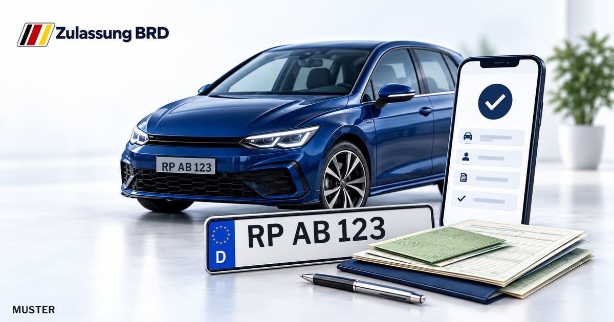 Online Fahrzeugzulassung in Mutterstadt: Musterkennzeichen RP AB 123, Auto und Fahrzeugpapiere und Smartphone. Illustration mit Logo von Zulassung BRD.